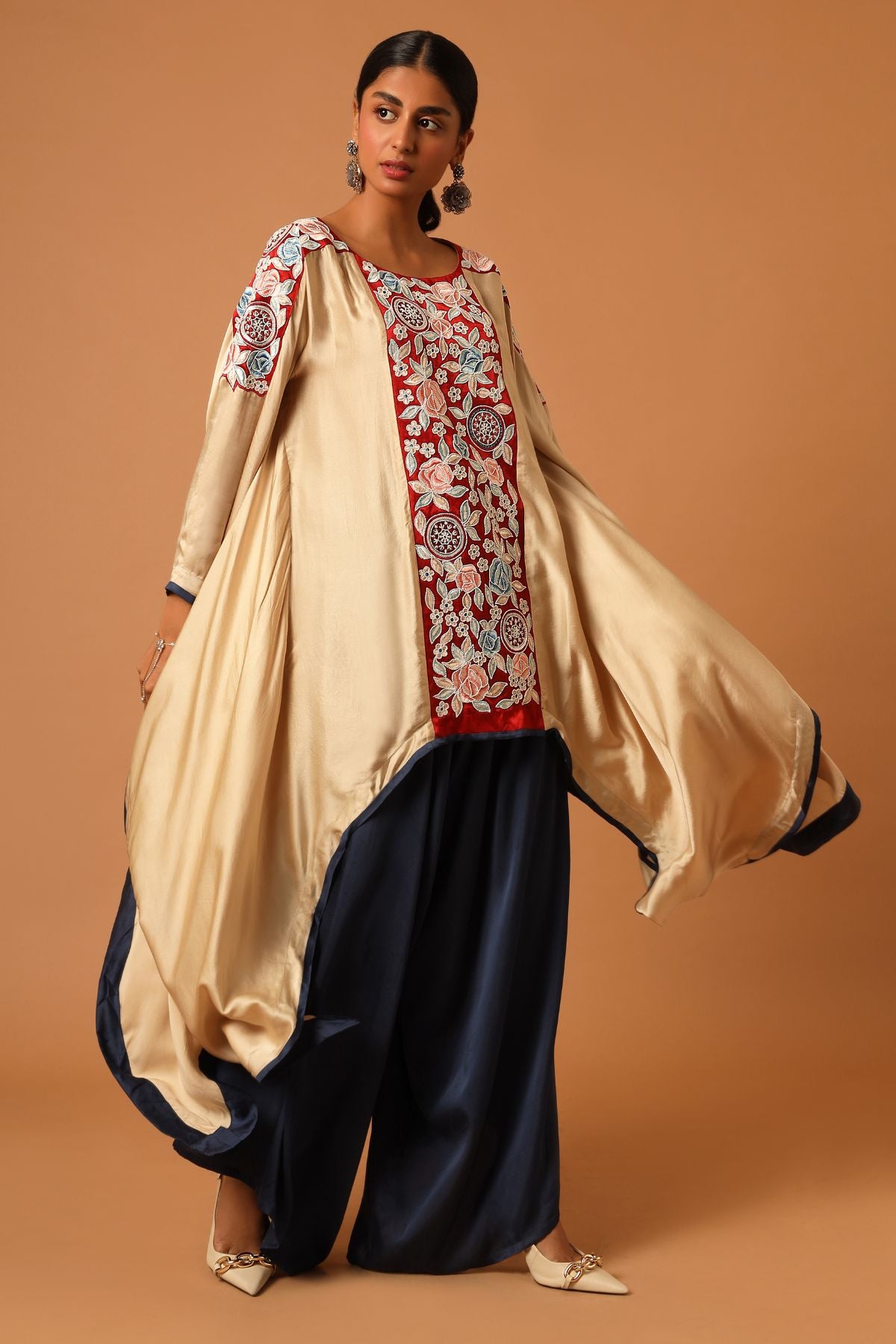 Beige embroidered Asymmetrical Kaftan set. – Sejal Kamdar Designs