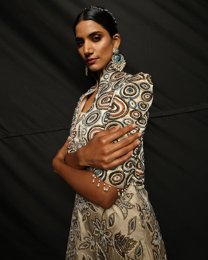 Ivory Embroidered Ajrakh short jacket with patchworked kurta and sharara