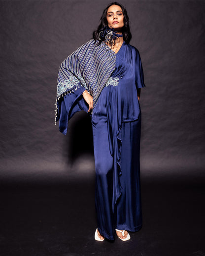 Deep blue Fully embroidered single flap jumpsuit