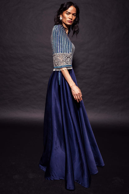 Deep blue ajrakh embellished jumpsuit with fully embsllished ajrakh stripwork cape jacket