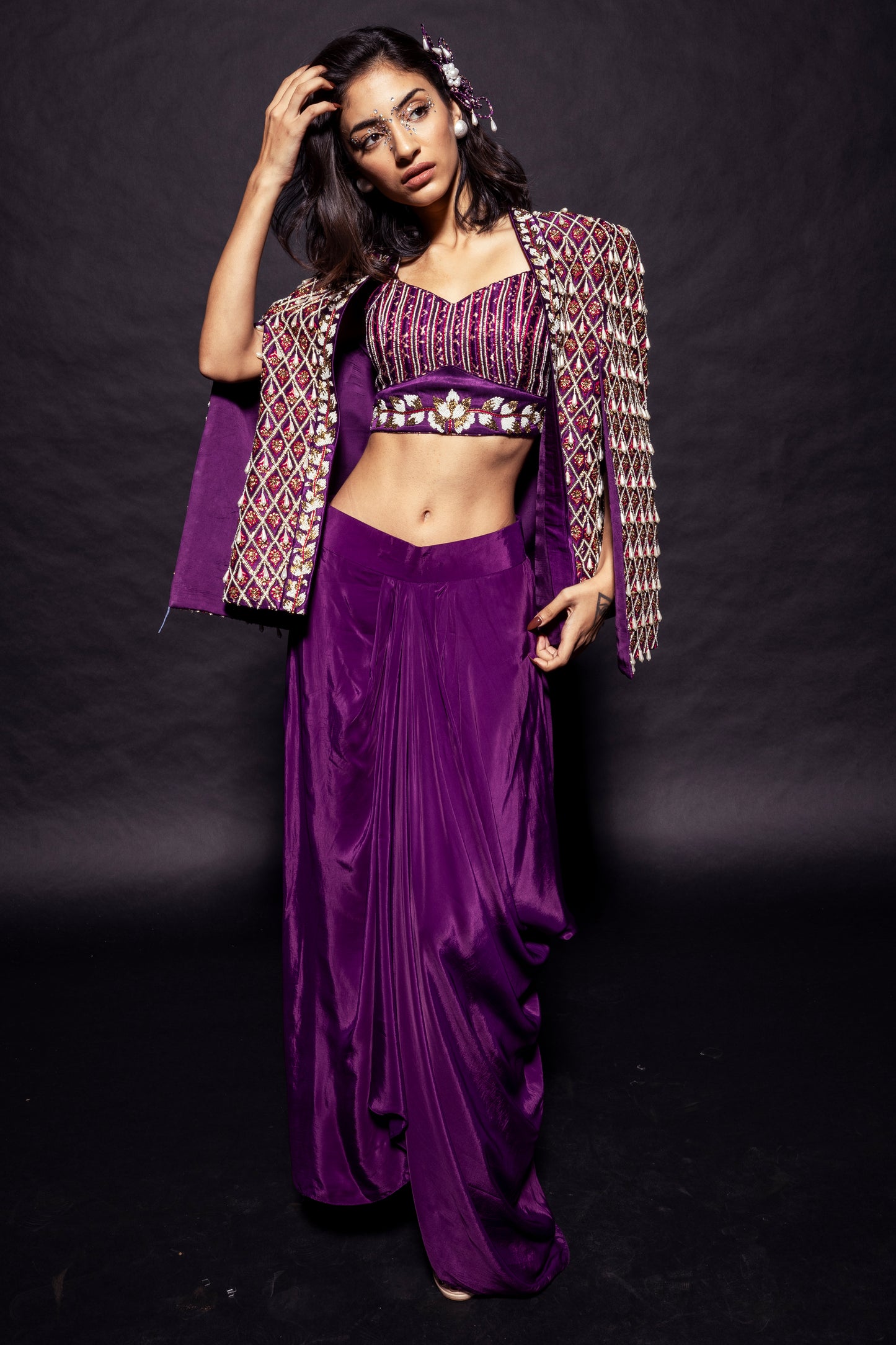 Dark purple Fully embroidered ajrakh cape jacket with heavily embellished blouse and drape skirt