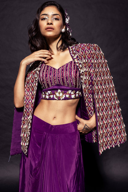 Dark purple Fully embroidered ajrakh cape jacket with heavily embellished blouse and drape skirt