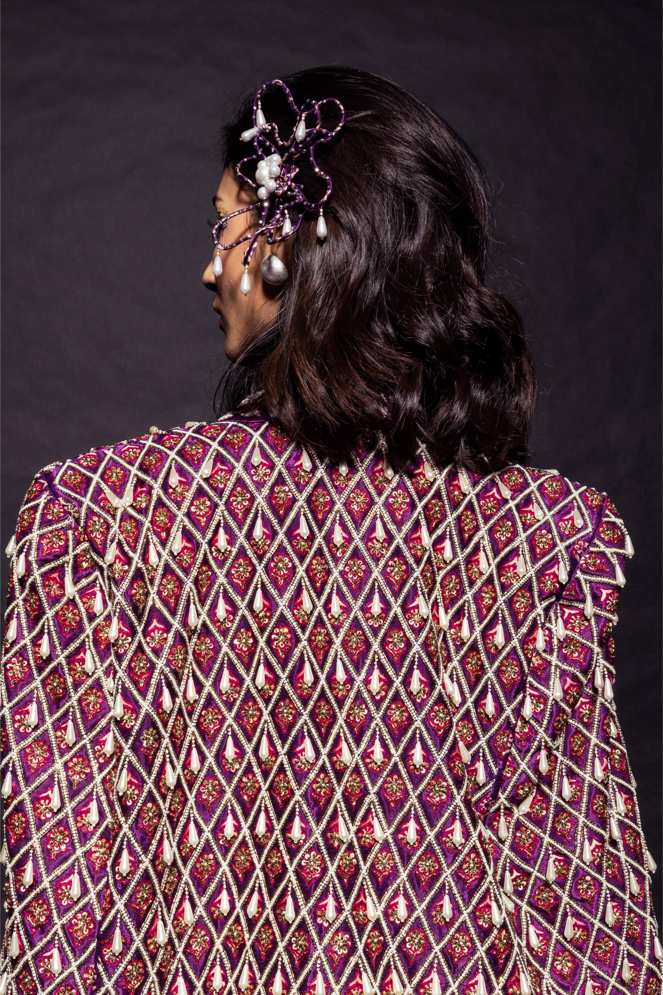 Dark purple Fully embroidered ajrakh cape jacket with heavily embellished blouse and drape skirt