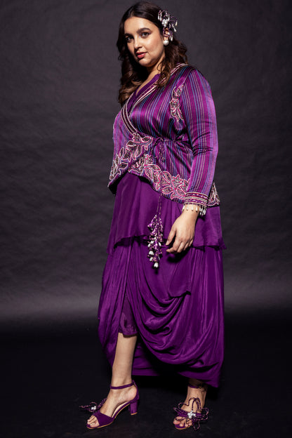 Dark Purple fully patchedworked angarkha  jacket with drape dhoti skirt