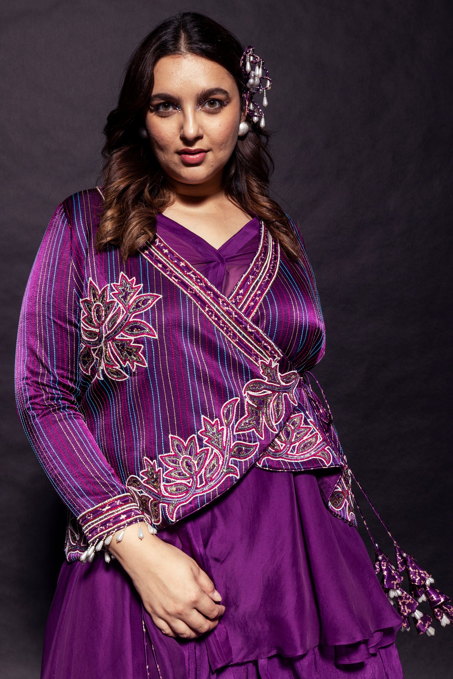 Dark Purple fully patchedworked angarkha  jacket with drape dhoti skirt