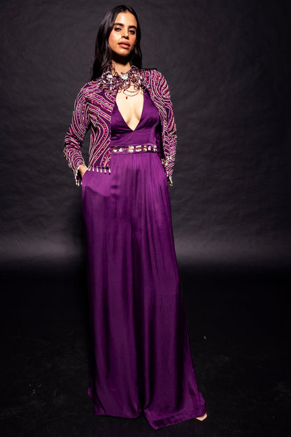 Dark purple deep V neck jumpsuit with Ajrakh ebellsihed jacket