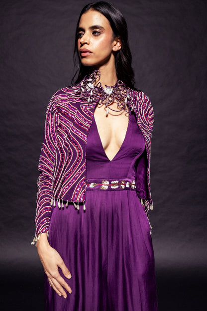 Dark purple deep V neck jumpsuit with Ajrakh ebellsihed jacket