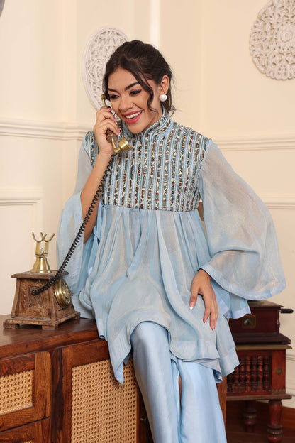 Powder Blue ajrakh embellished yoke top and Drape dhoti set