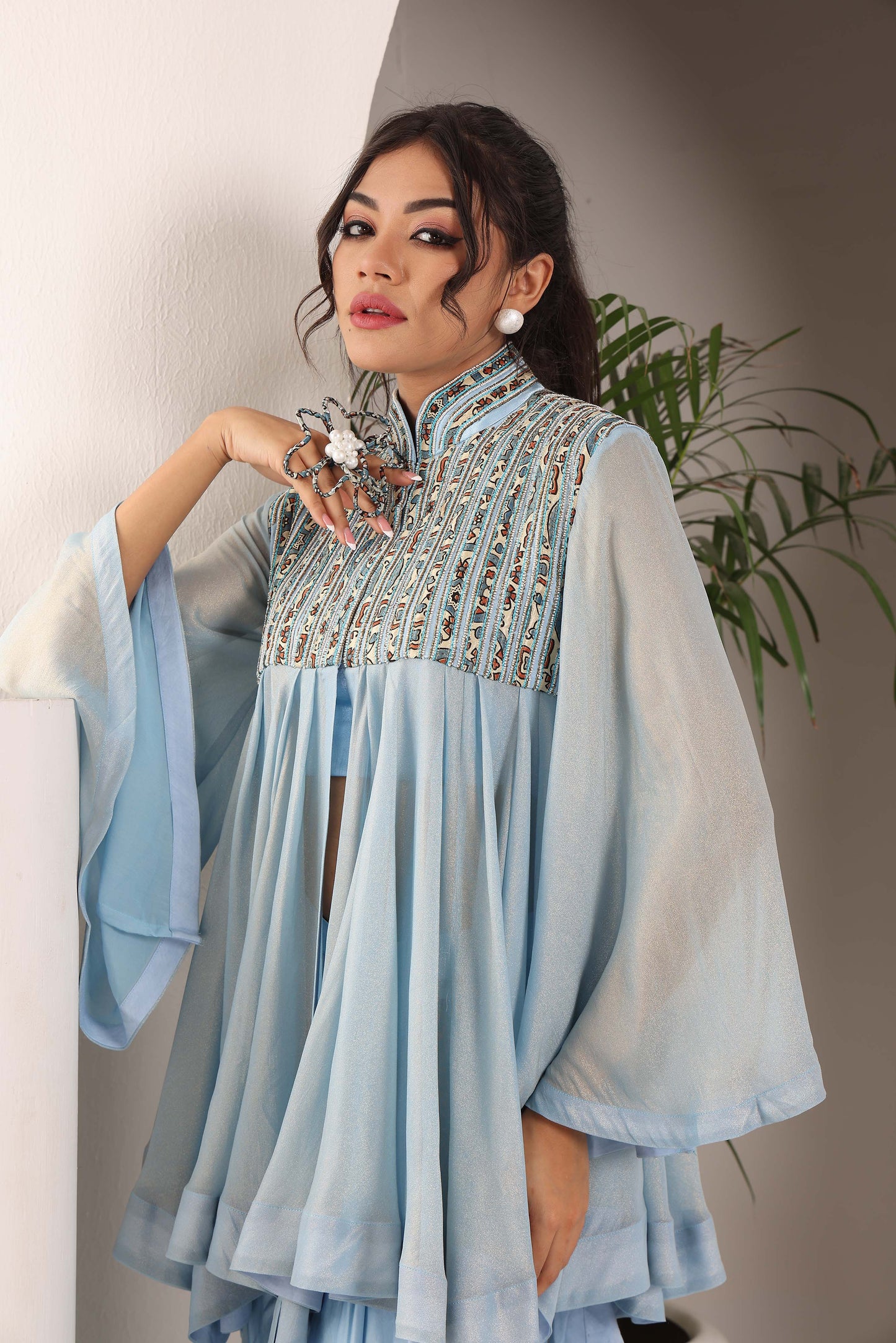 Powder Blue ajrakh embellished yoke top and Drape dhoti set