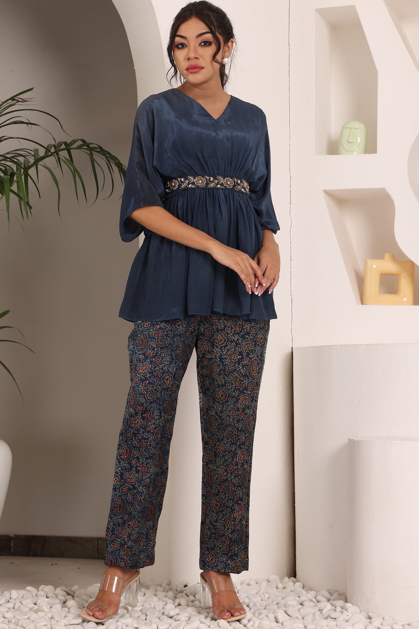 Blue gathered top with Ajrakh pants and embellished waistbelt