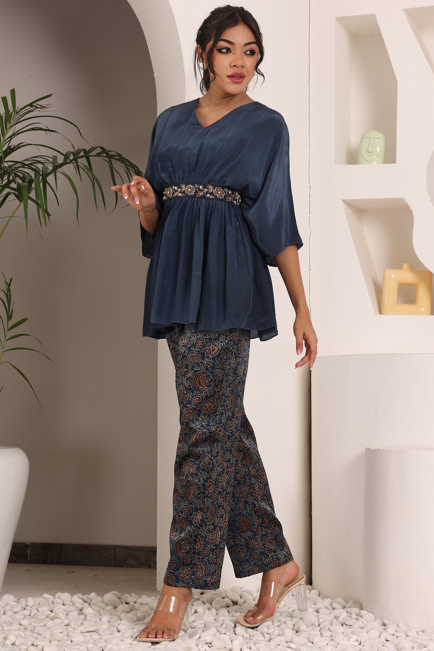 Blue gathered top with Ajrakh pants and embellished waistbelt