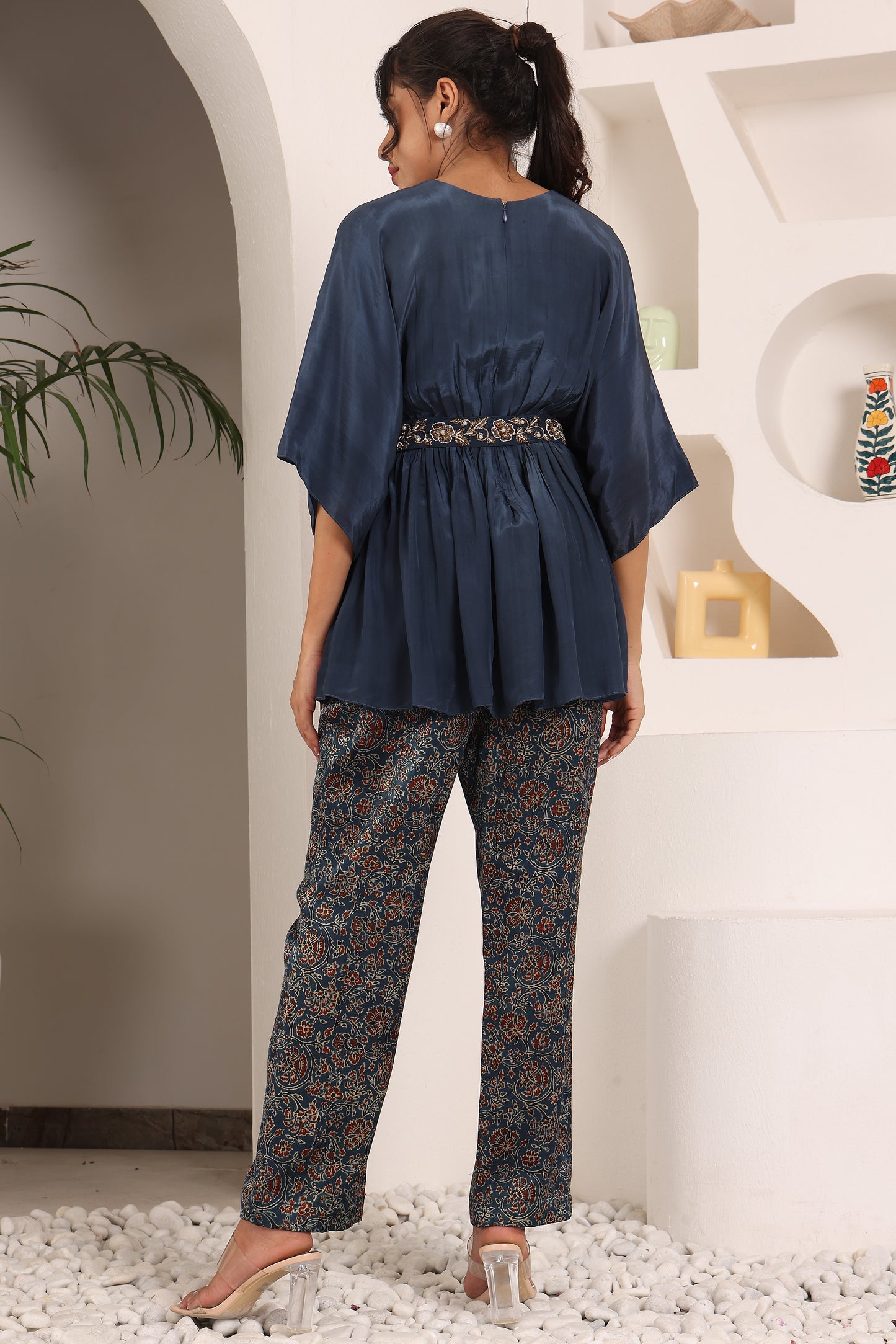 Blue gathered top with Ajrakh pants and embellished waistbelt