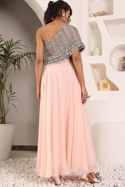 peachy pink ajrakh one shoulder top and pants set.