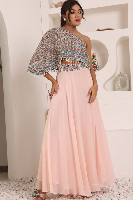 peachy pink ajrakh one shoulder top and pants set.