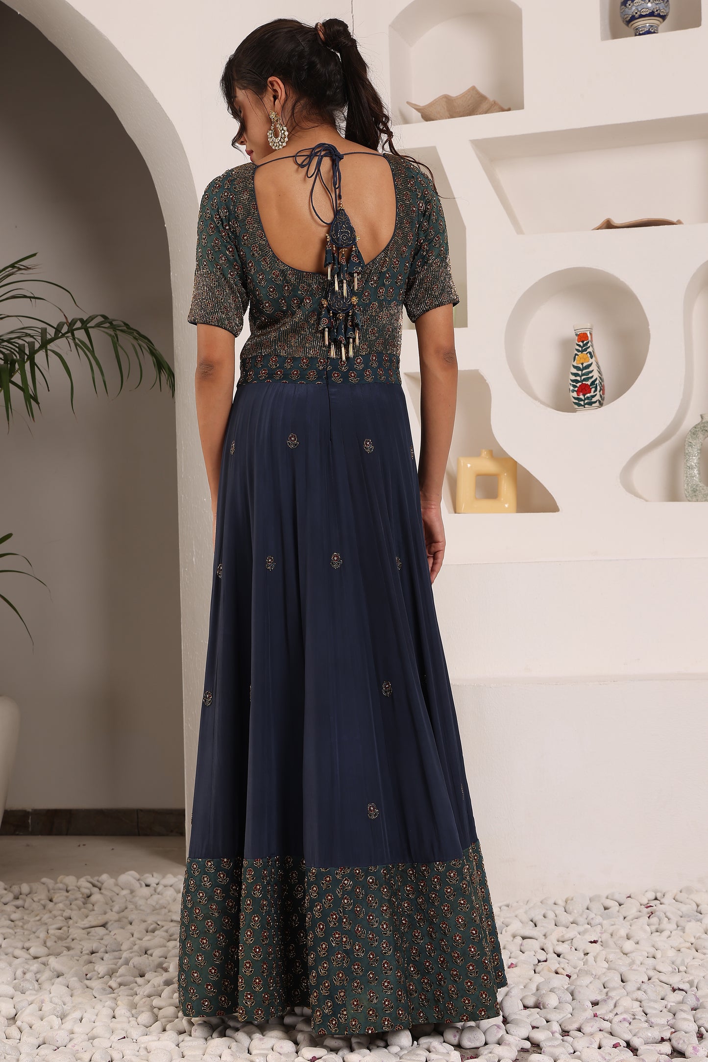 Dark Blue embroidered ajrakh anarkali with embellished dupatta