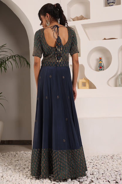 Dark Blue embroidered ajrakh anarkali with embellished dupatta