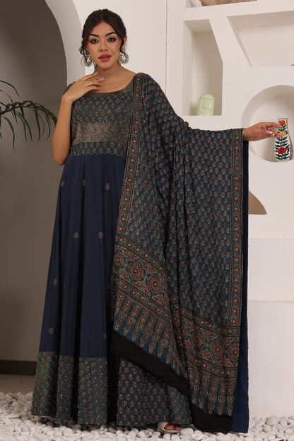 Dark Blue embroidered ajrakh anarkali with embellished dupatta