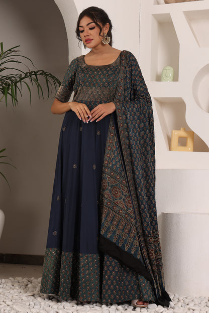 Dark Blue embroidered ajrakh anarkali with embellished dupatta