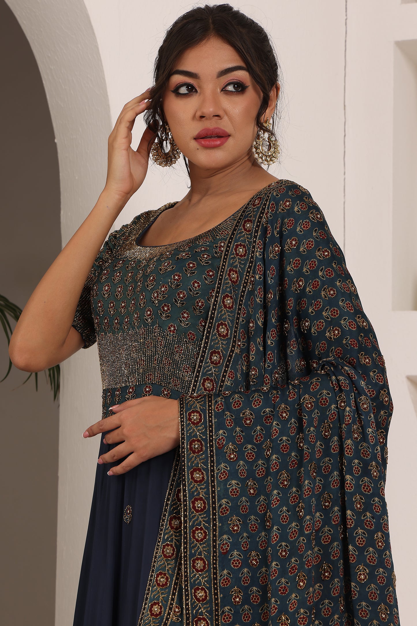 Dark Blue embroidered ajrakh anarkali with embellished dupatta