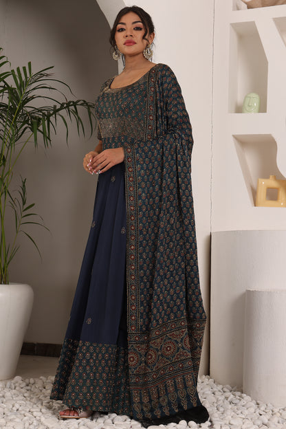 Dark Blue embroidered ajrakh anarkali with embellished dupatta