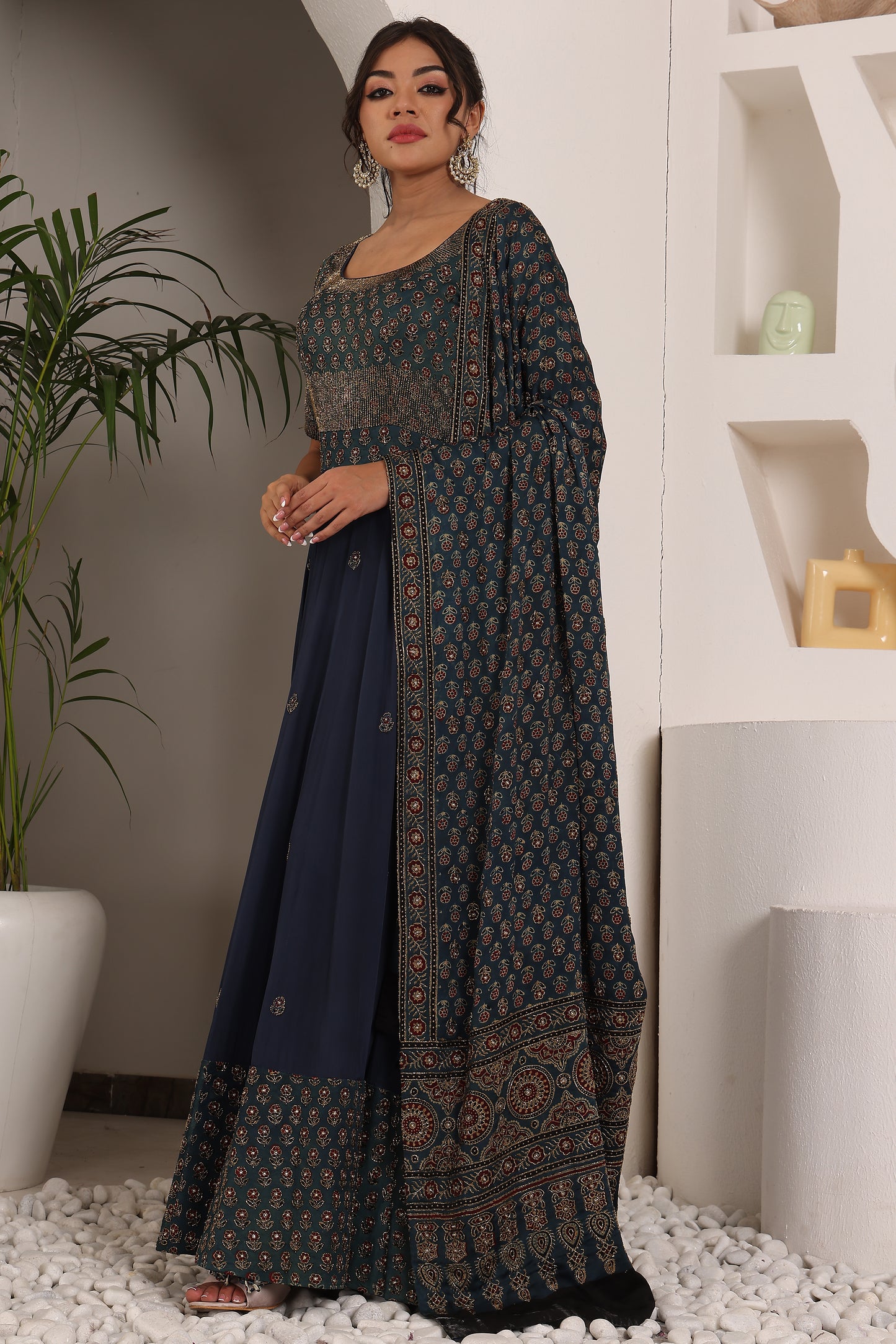 Blue ajrakh anarkali with embroidered dupatta set