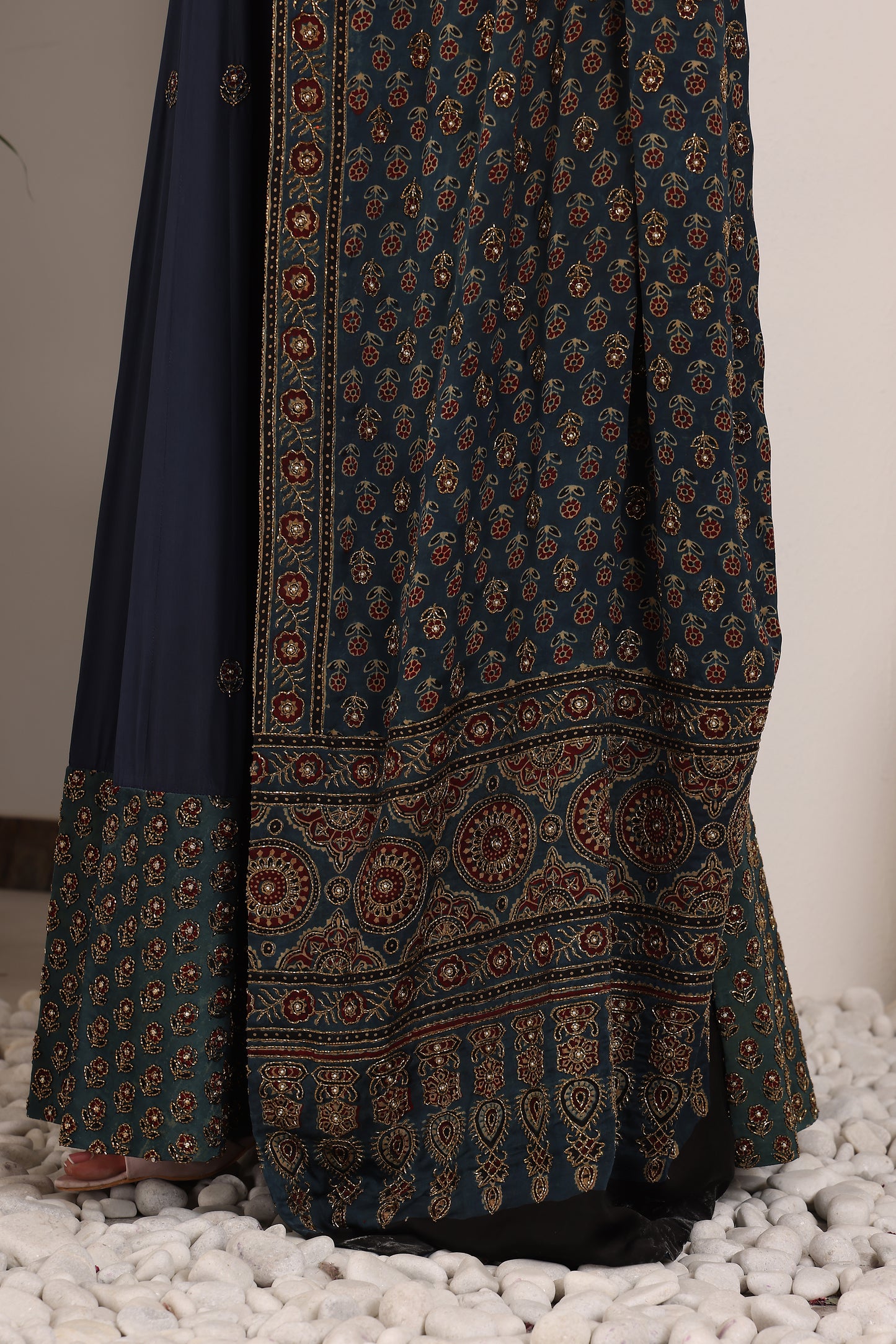 Dark Blue embroidered ajrakh anarkali with embellished dupatta