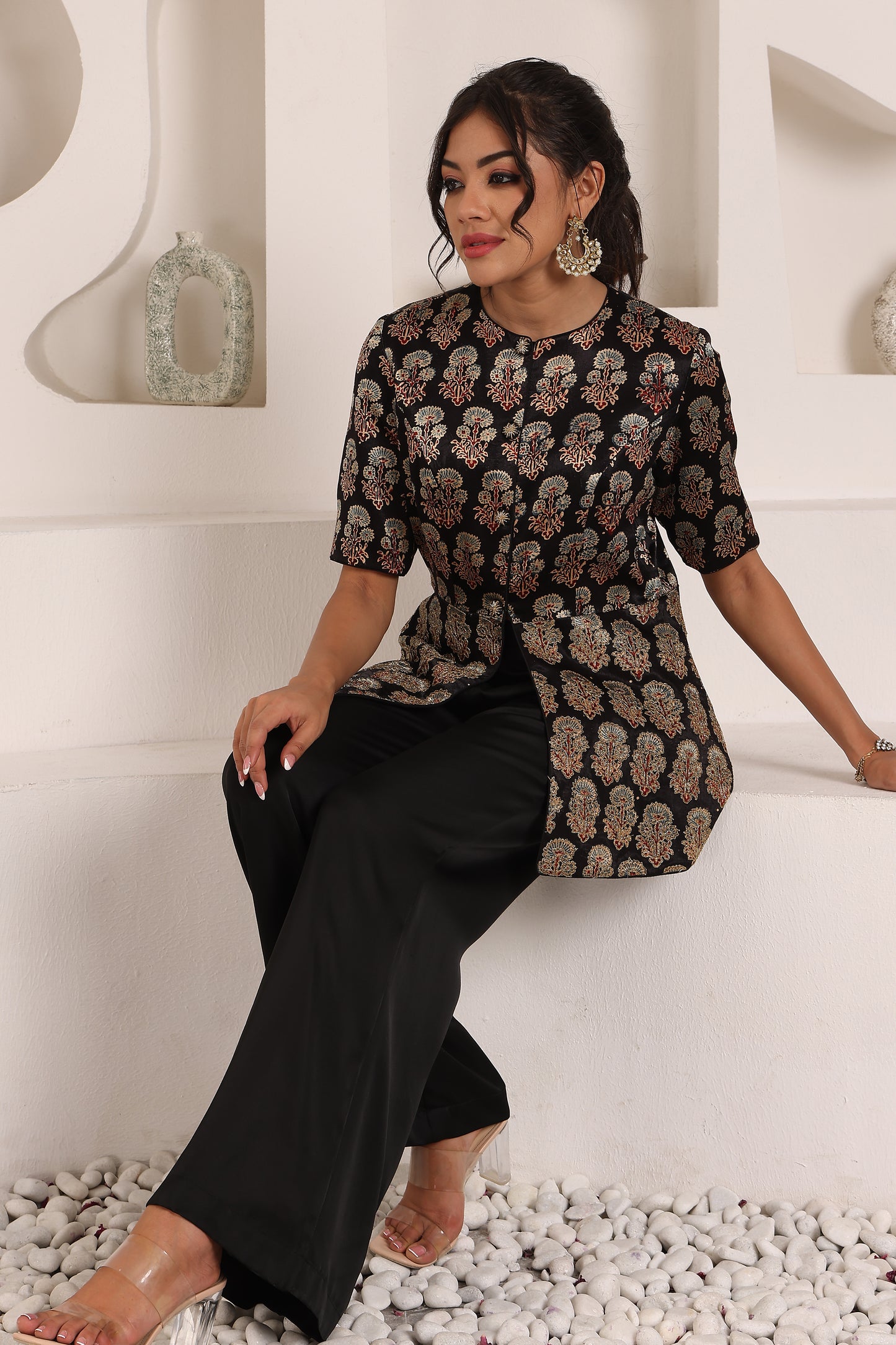 Black ajrakh embroidered jacket with pants