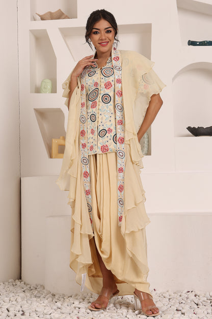 Beige Fully Embellished Jacket with Draped Skirt and Ruffle Dupatta Set