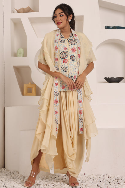 Beige Fully Embellished Jacket with Draped Skirt and Ruffle Dupatta Set