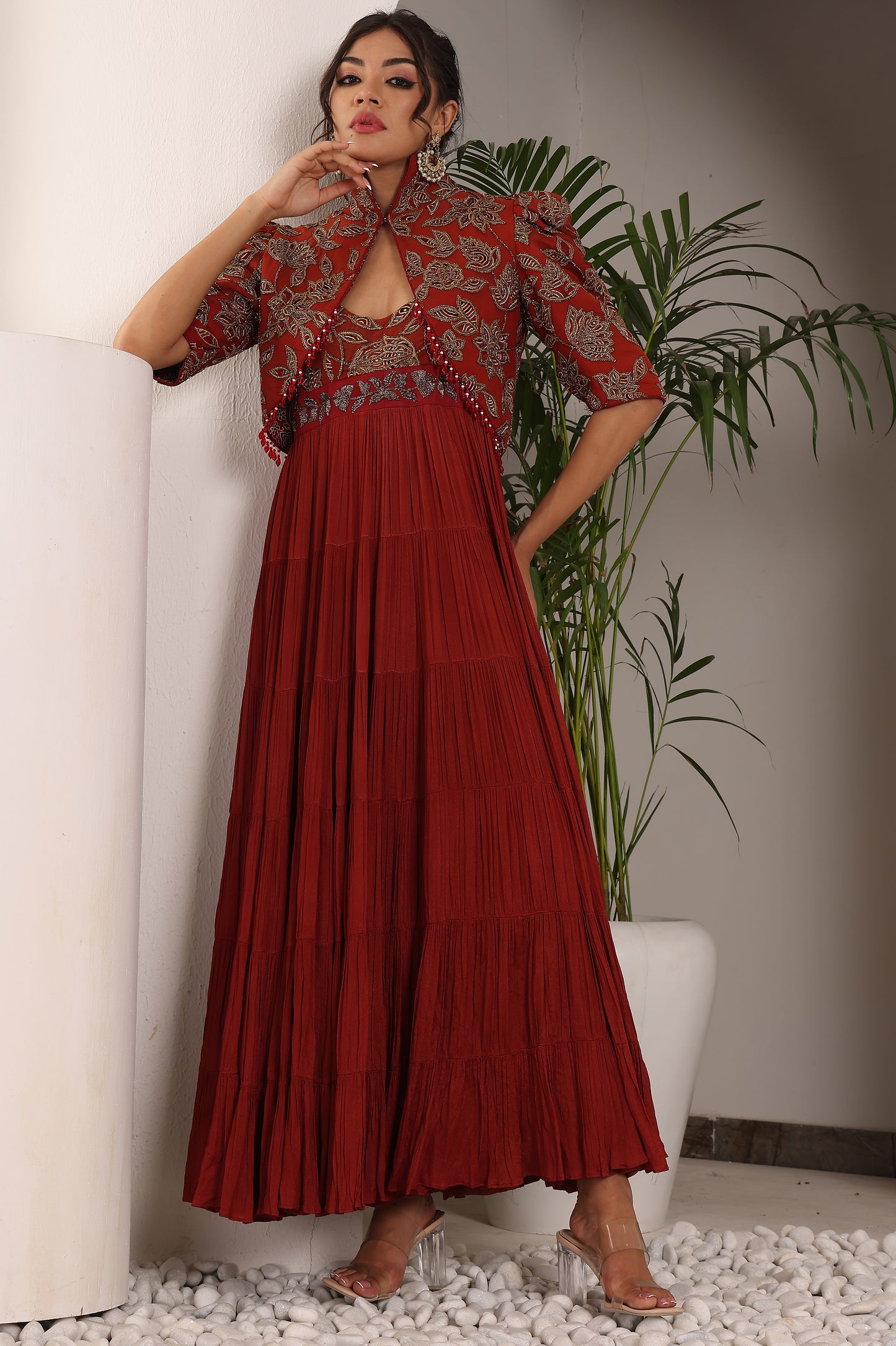 Maroon embroidered yoke tiered dress with embroidered jacket