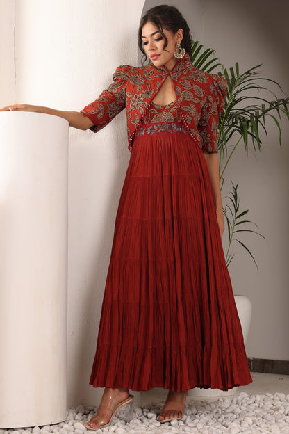 Maroon embroidered yoke tiered dress with embroidered jacket