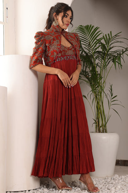 Maroon embroidered yoke tiered dress with embroidered jacket