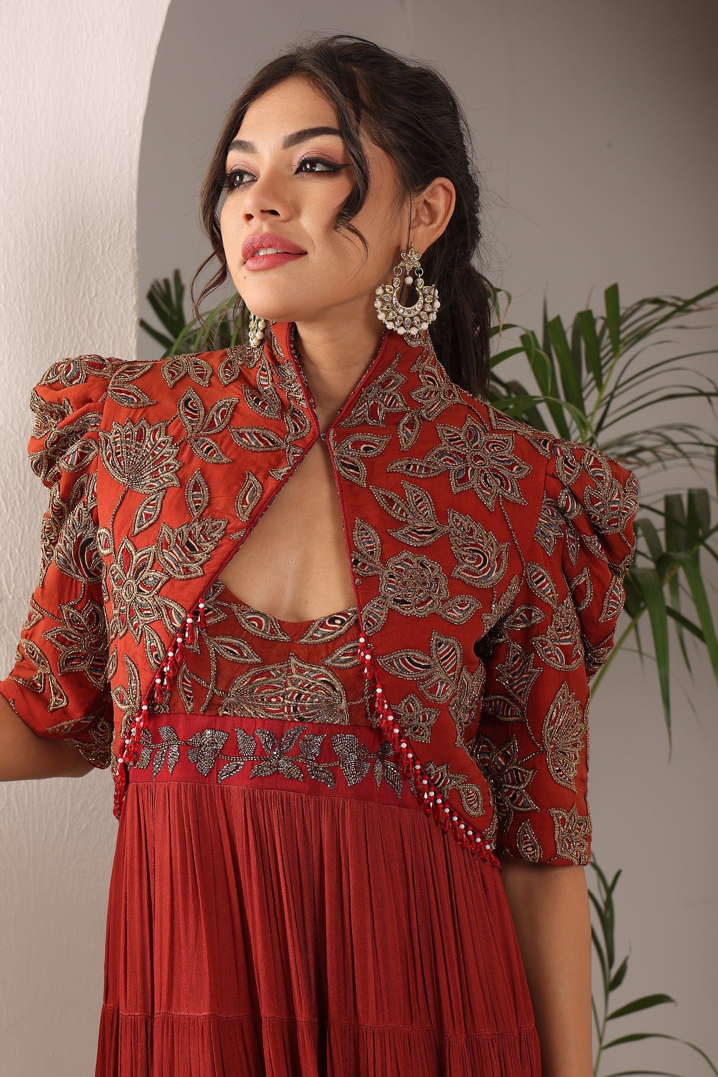 Maroon embroidered yoke tiered dress with embroidered jacket