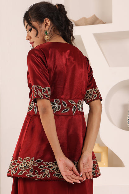 Maroon embroidered ajrakh jacket with drape skirt