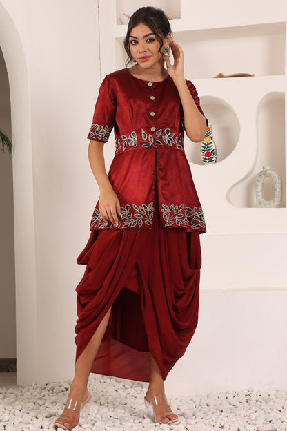 Maroon embroidered ajrakh jacket with drape skirt