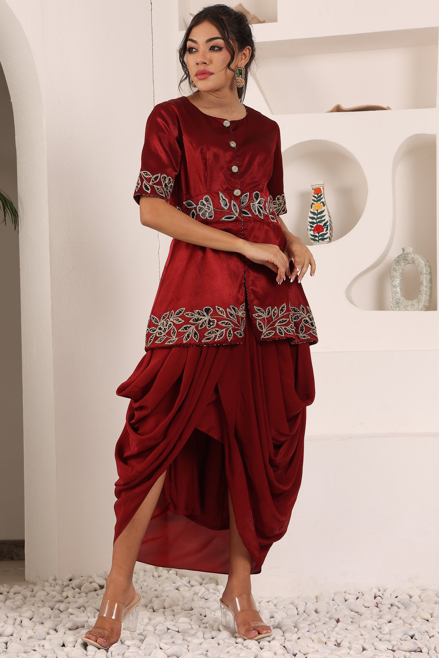 Maroon ajrakh patchwork jacket with drape skirt