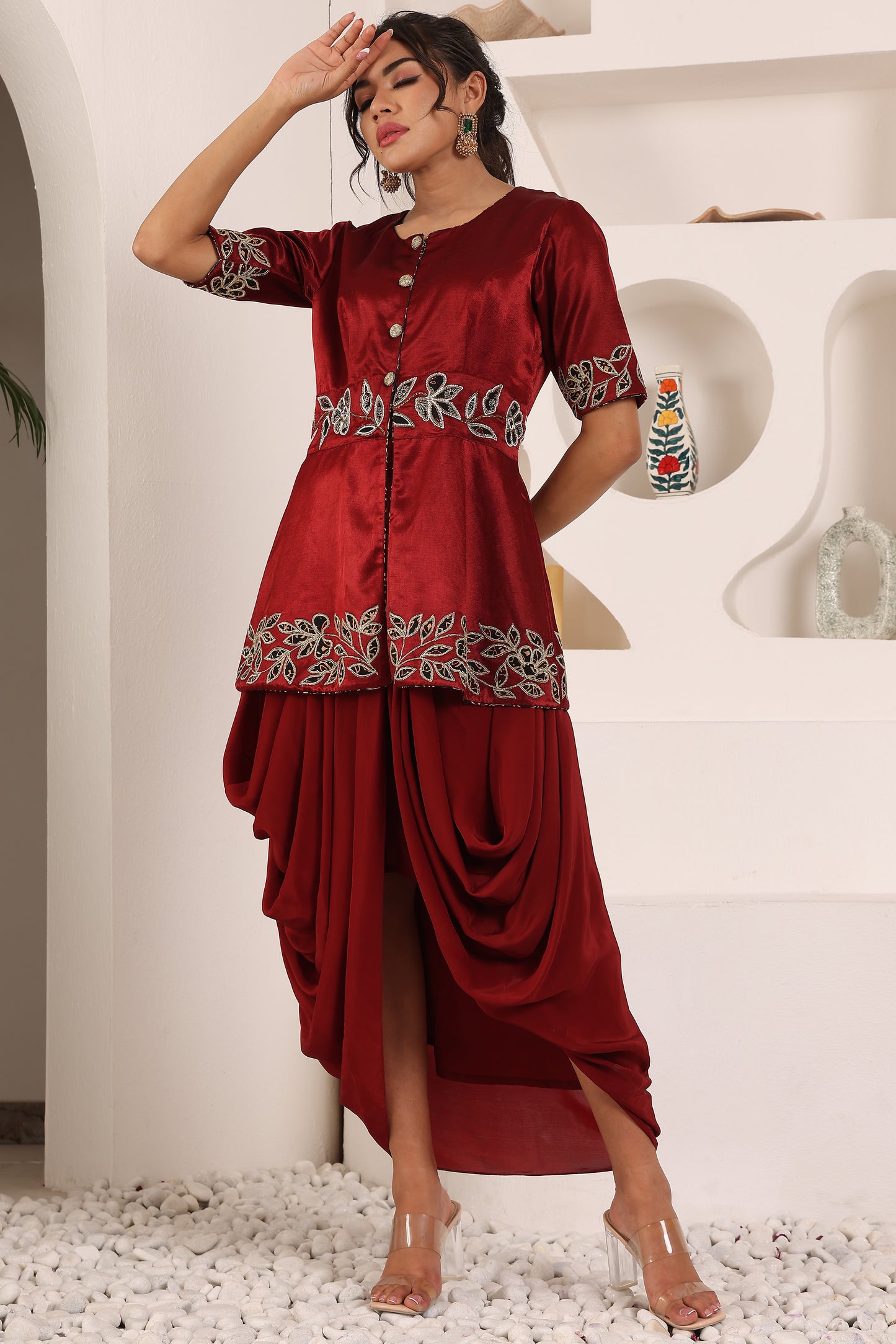 Maroon ajrakh patchwork jacket with drape skirt