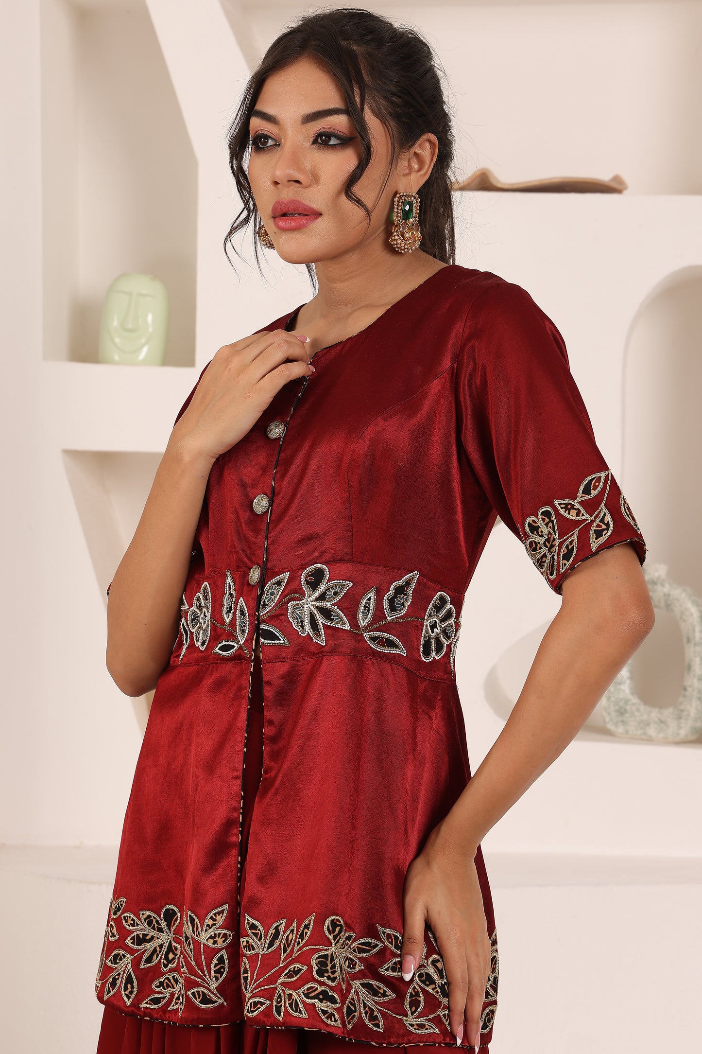 Maroon ajrakh patchwork jacket with drape skirt