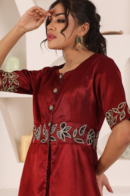 Maroon ajrakh patchwork jacket with drape skirt