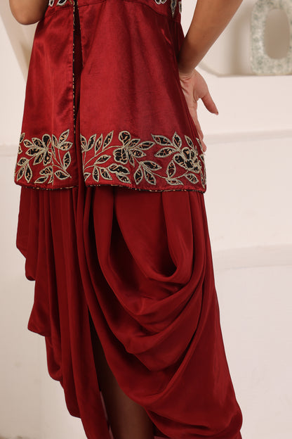 Maroon embroidered ajrakh jacket with drape skirt