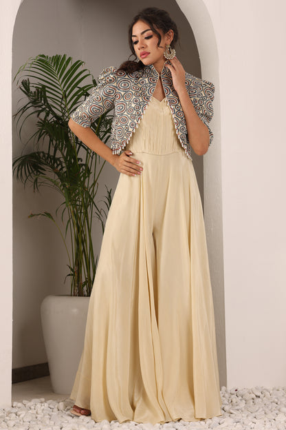 Beige jumpsuit with Ajrakh jacket set