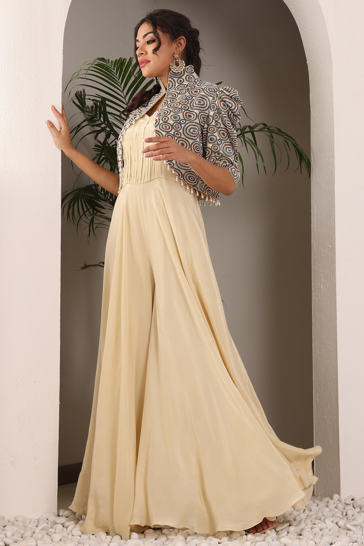 Beige jumpsuit with Ajrakh jacket set