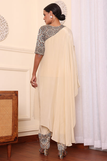 Beige ajrakh embroidered asymmetric kaftan with pants