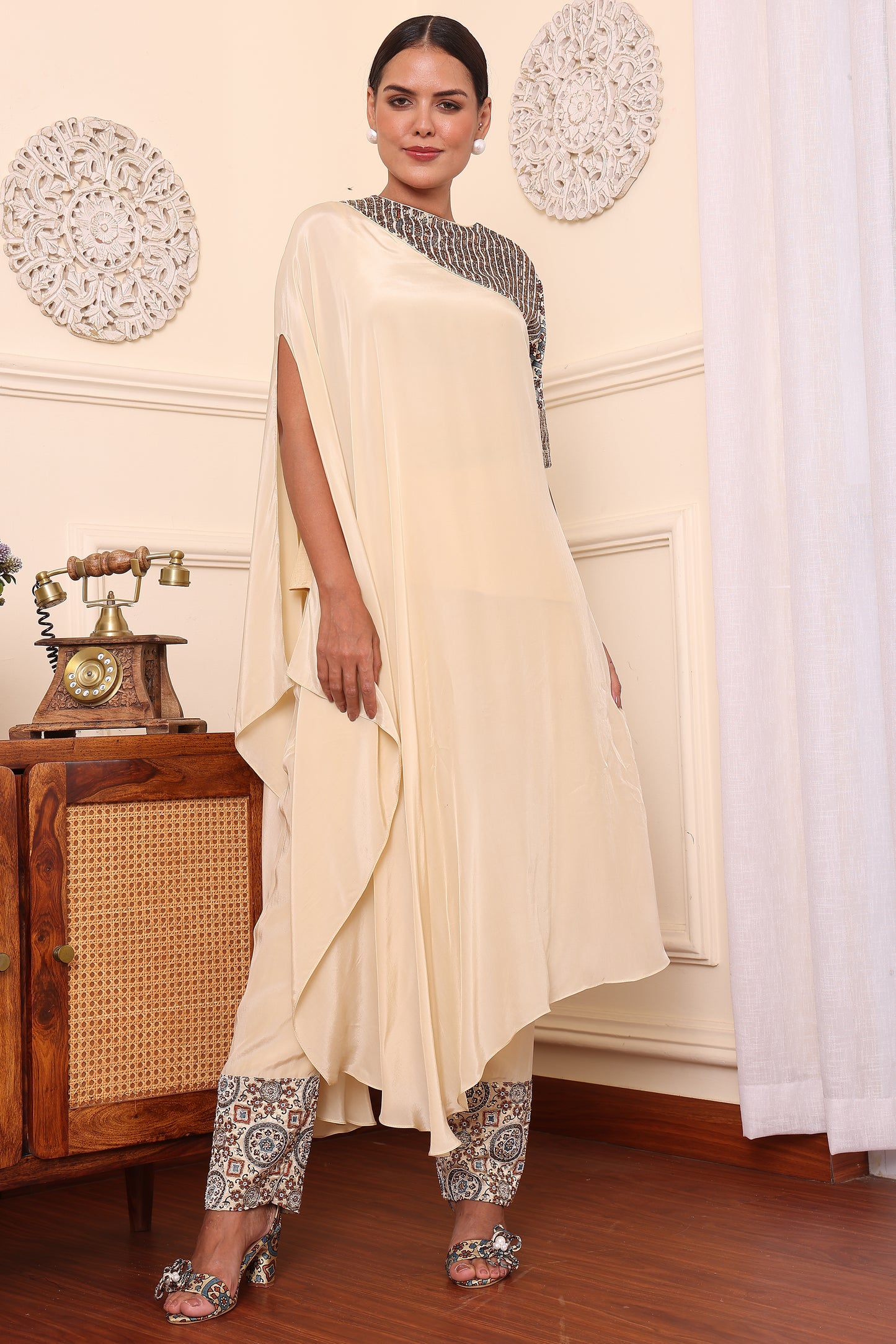 Beige ajrakh embroidered asymmetric kaftan with pants