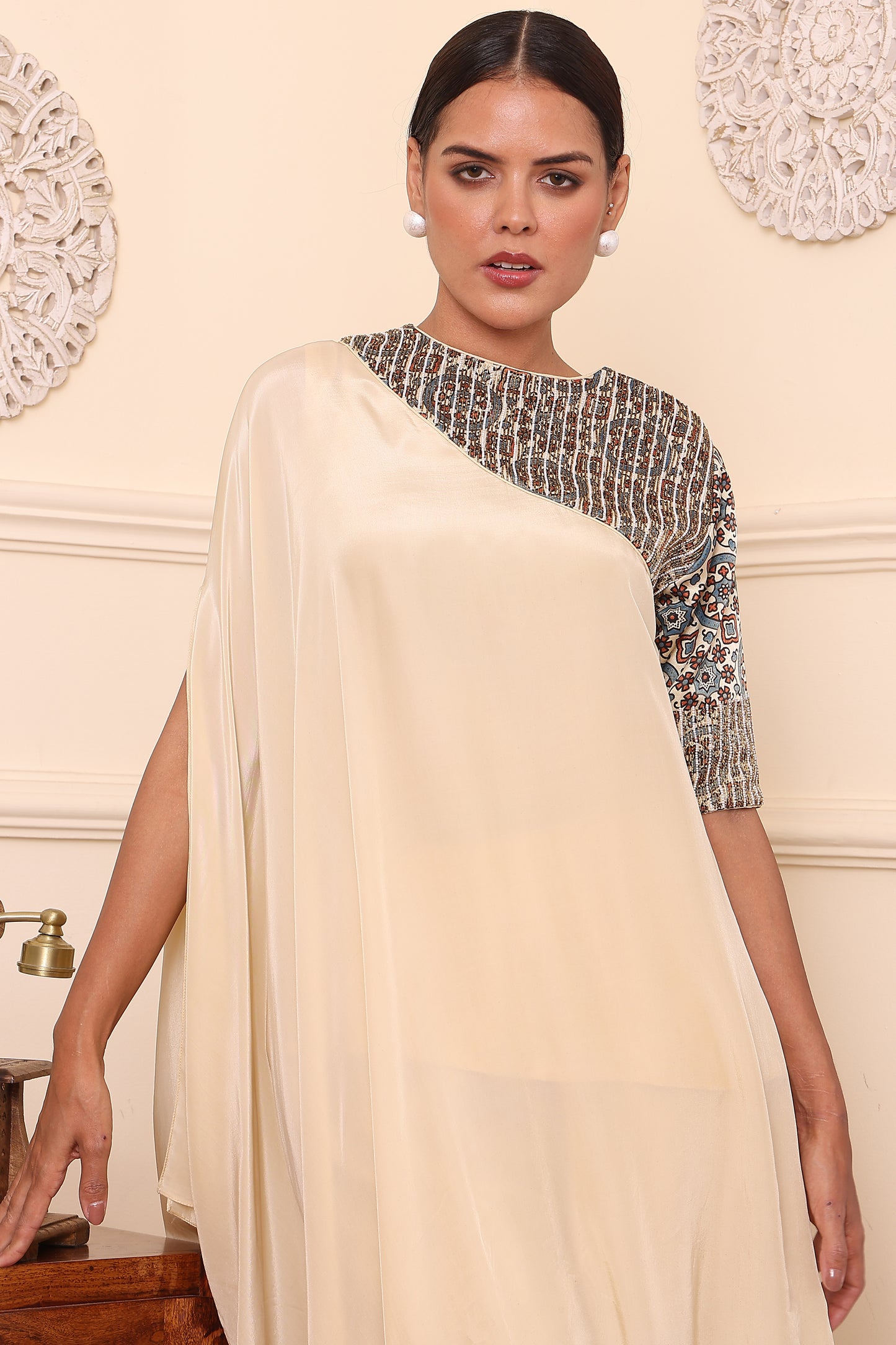 Beige ajrakh embroidered asymmetric kaftan with pants