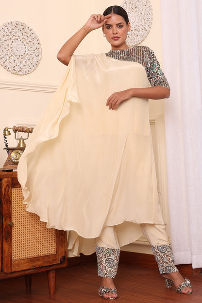 Beige ajrakh embroidered asymmetric kaftan with pants