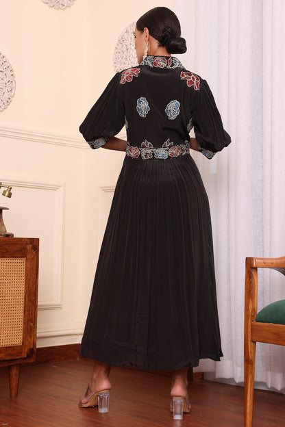 Black Patchwork Gathered Dress With Pant