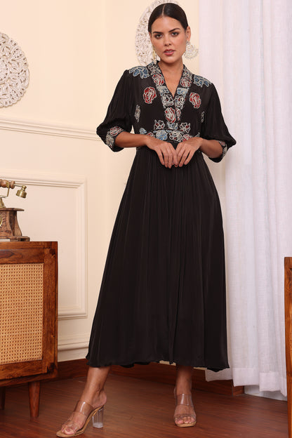 Black Patchwork Gathered Dress With Pant