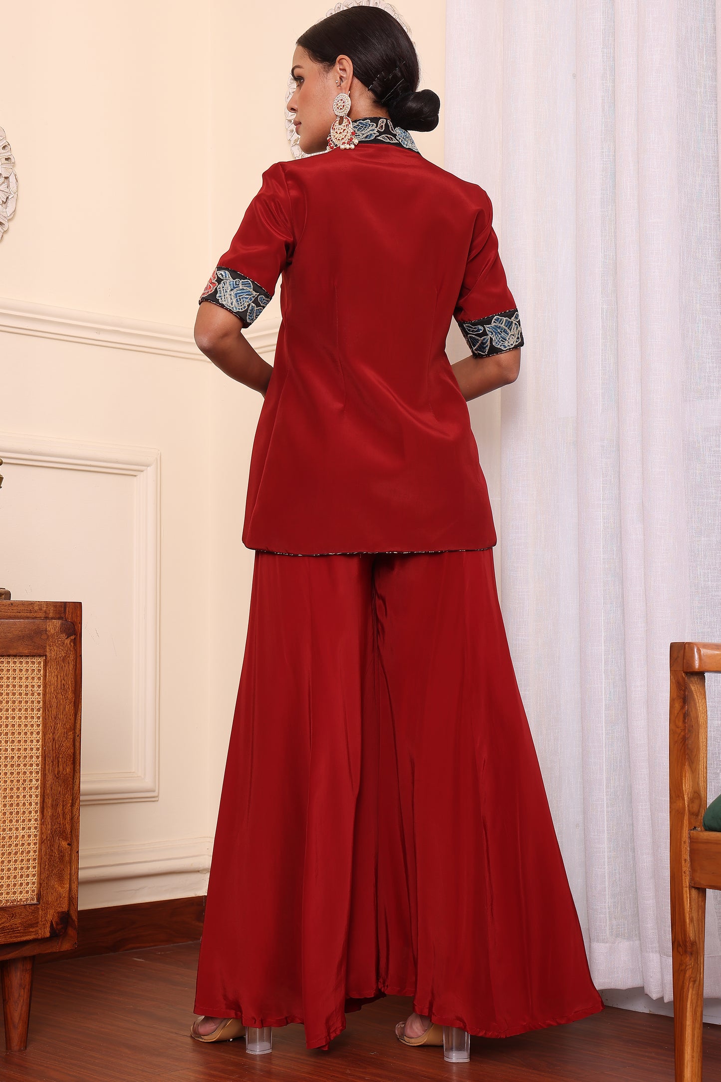 Red Ajrakh Patchwork Jacket With Flair Pants