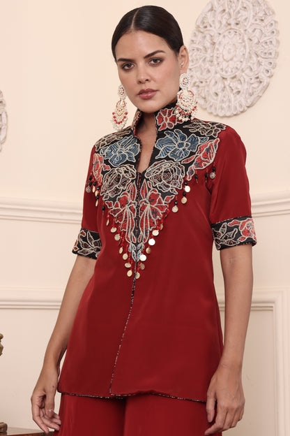 Red Ajrakh Patchwork Jacket With Flair Pants